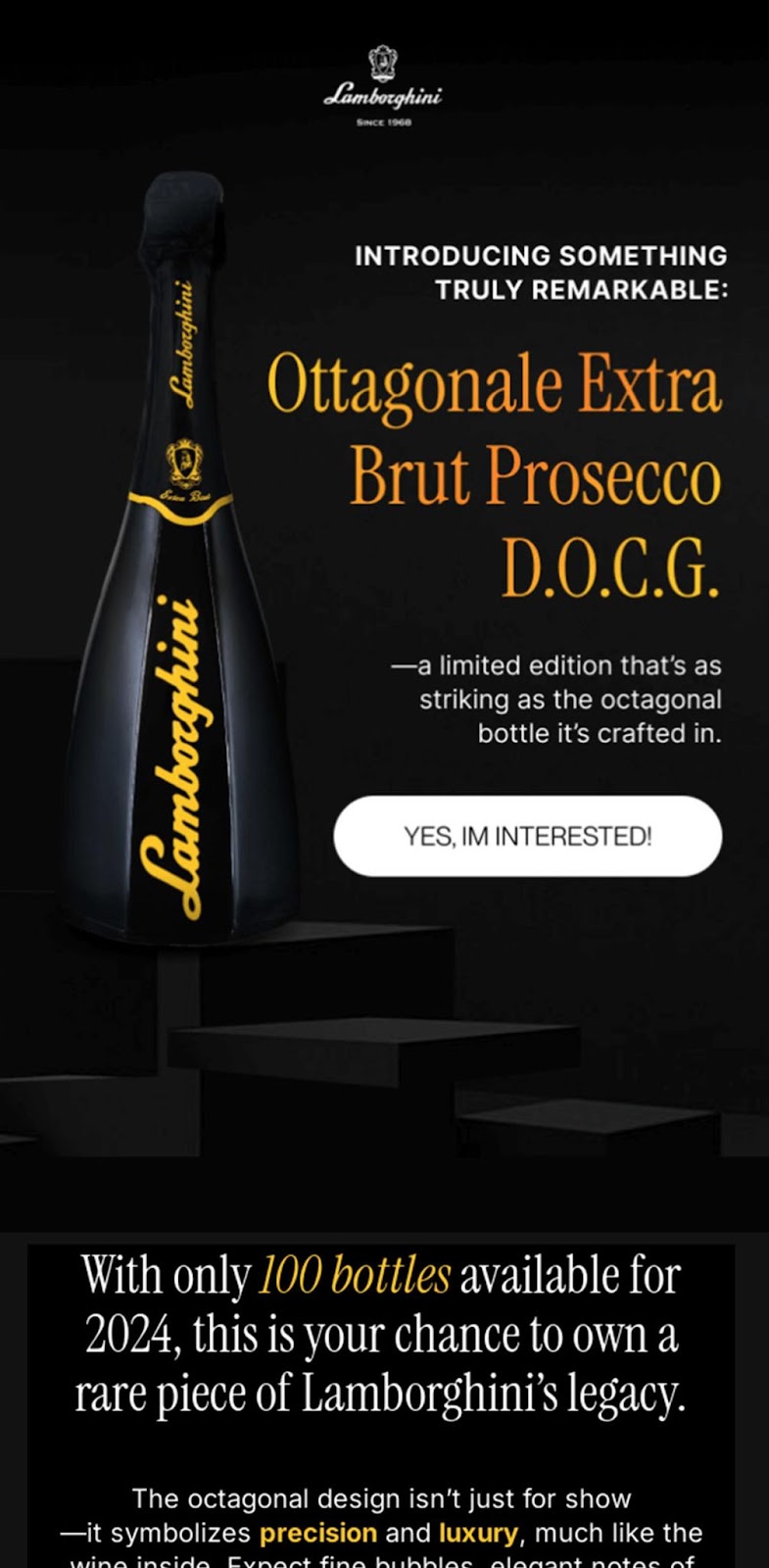 An email designed for Lamborghini prosecco featuring an image of the bottle with a call to action